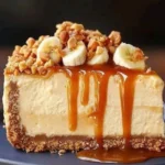 Caramel Banana Peanut Cheesecake topped with banana slices and caramel drizzle