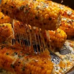 Cheesy garlic butter corn on the cob in a skillet, garnished with herbs.