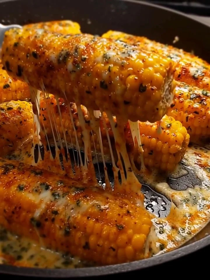 Cheesy garlic butter corn on the cob in a skillet, garnished with herbs.