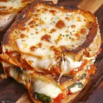 Chicken Parmesan grilled cheese sandwich with melted cheese and marinara sauce