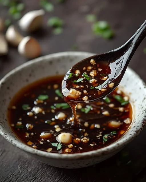 Bowl of Chinese Garlic Sauce with fresh garlic cloves and herbs