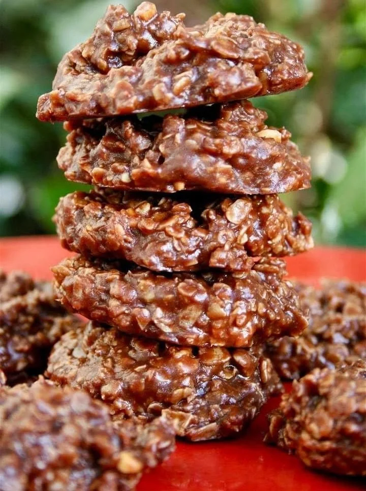 Delicious chocolate oatmeal no-bake cookies stacked on a plate