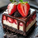 Chocolate strawberry cheesecake bars topped with fresh strawberries and chocolate drizzle.
