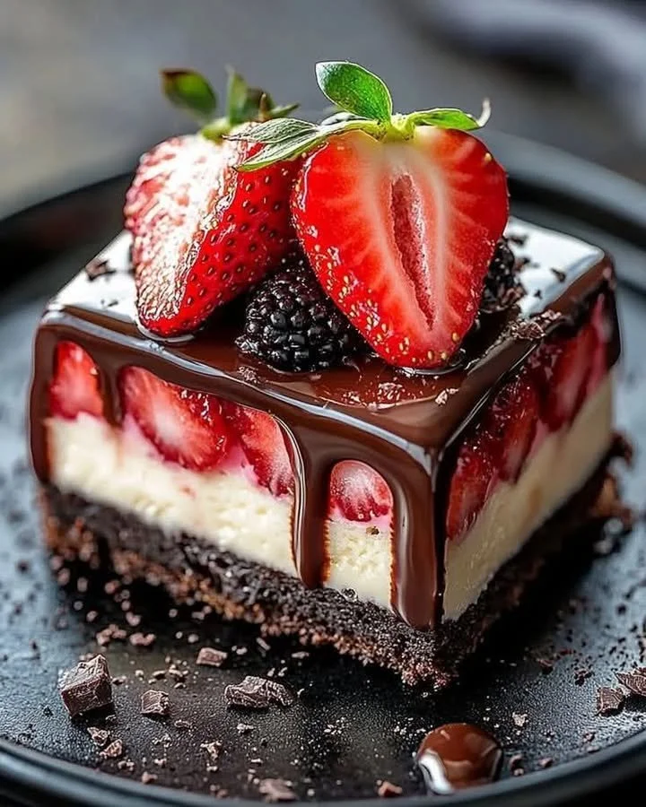Chocolate strawberry cheesecake bars topped with fresh strawberries and chocolate drizzle.