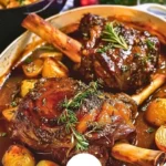 Delicious Christmas braised lamb shanks with herb infusion ready for serving