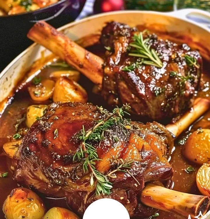 Delicious Christmas braised lamb shanks with herb infusion ready for serving