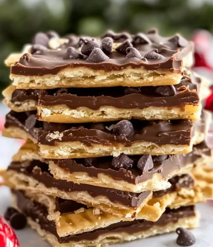 Delicious Christmas Crack with Saltine crackers and toffee topping