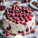 A slice of Christmas Cranberry Cake topped with cranberries and icing