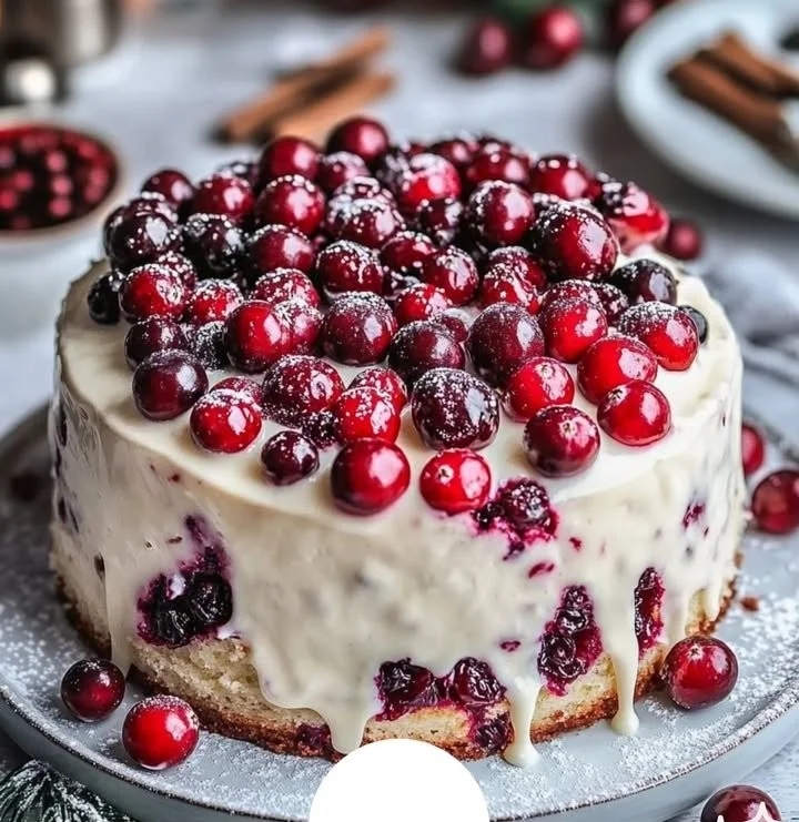 A slice of Christmas Cranberry Cake topped with cranberries and icing