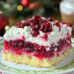 Delicious Christmas Cranberry Poke Cake topped with whipped cream and cranberries