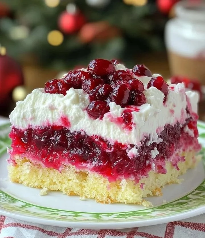 Delicious Christmas Cranberry Poke Cake topped with whipped cream and cranberries