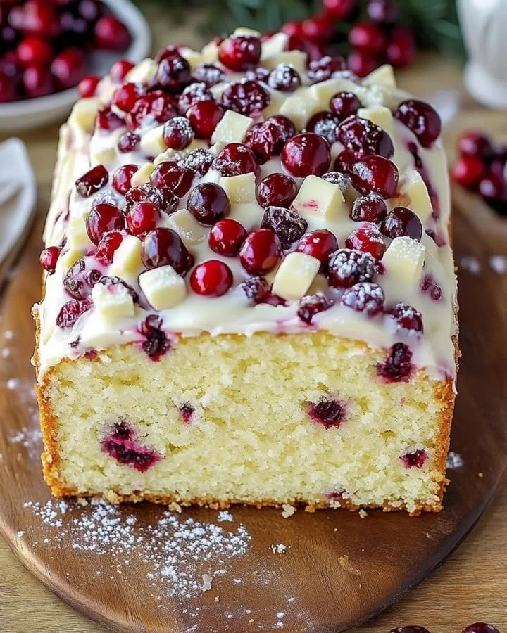 Delicious Christmas Cranberry Pound Cake topped with festive cranberries and icing.