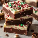 Delicious homemade Christmas Fudge decorated on a festive plate