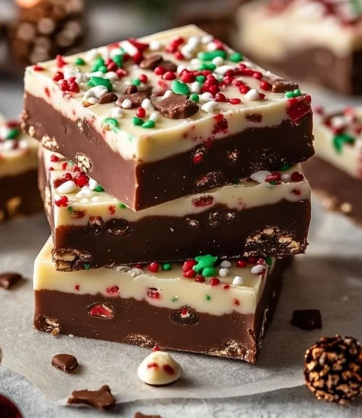Delicious homemade Christmas Fudge decorated on a festive plate