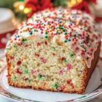 Delicious slice of Christmas Funfetti Quick Bread decorated for the holidays.
