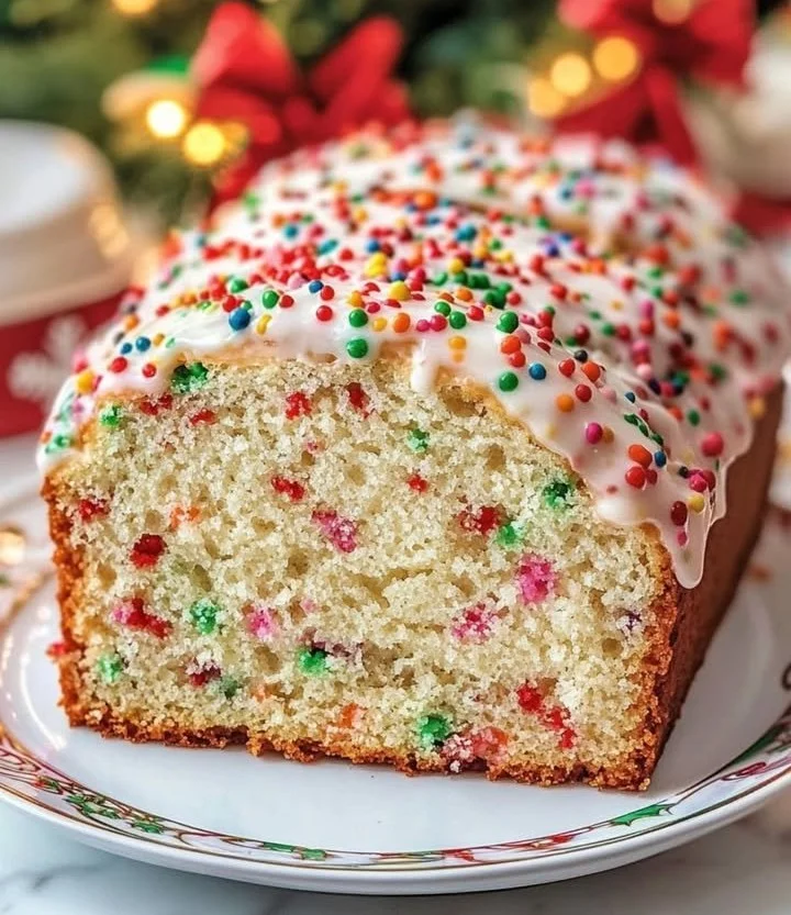 Delicious slice of Christmas Funfetti Quick Bread decorated for the holidays.