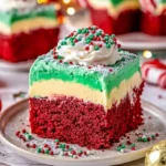 Delicious Christmas Red Velvet Poke Cake topped with festive cream and sprinkles.