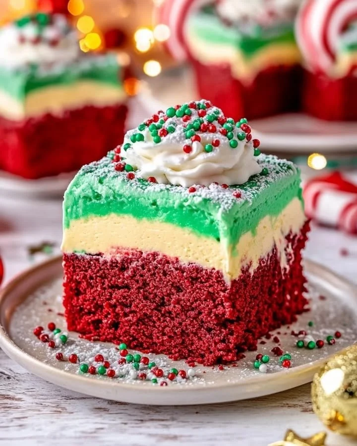 Delicious Christmas Red Velvet Poke Cake topped with festive cream and sprinkles.