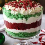 A festive Christmas Trifle dessert with layers of cream, fruits, and sponge cake
