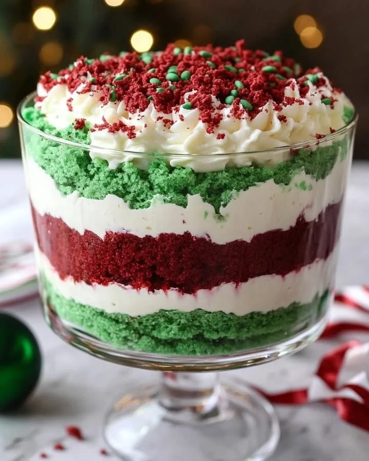 A festive Christmas Trifle dessert with layers of cream, fruits, and sponge cake