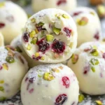 Cranberry pistachio white chocolate truffles on a decorative plate