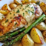 Creamy Garlic Butter Chicken with roasted potatoes and asparagus on a plate