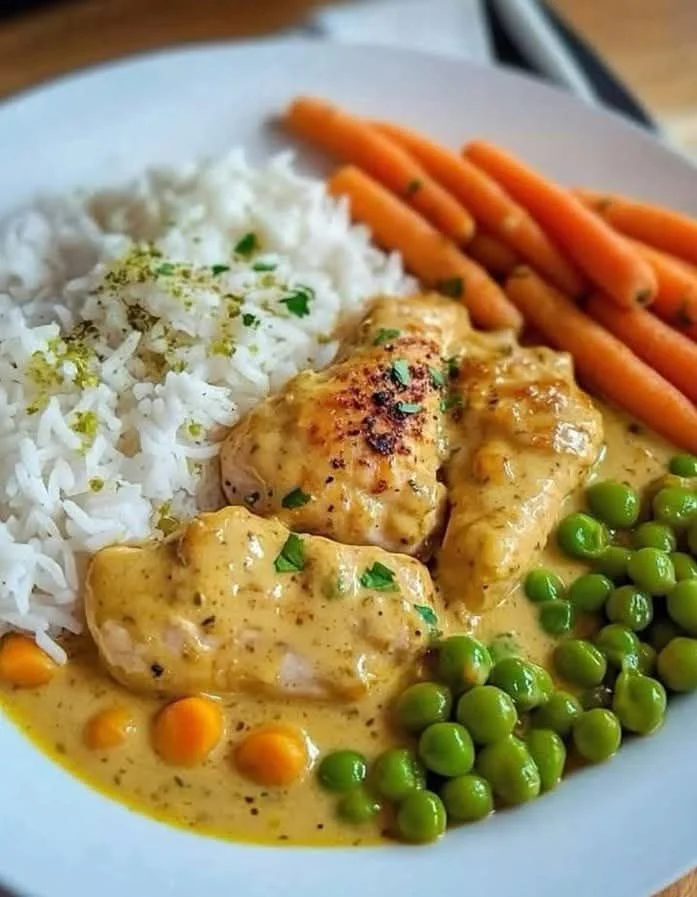 Creamy mustard chicken dish with rice and vegetables on a plate