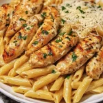 Creamy Parmesan chicken served with penne pasta on a plate