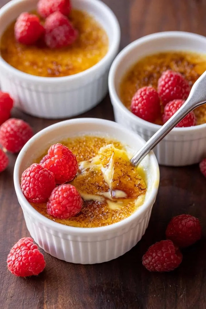 Delicious Crème Brûlée dessert with caramelized sugar topping.