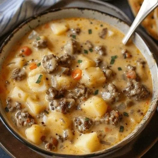 Bowl of creamy potato hamburger soup made in a crockpot