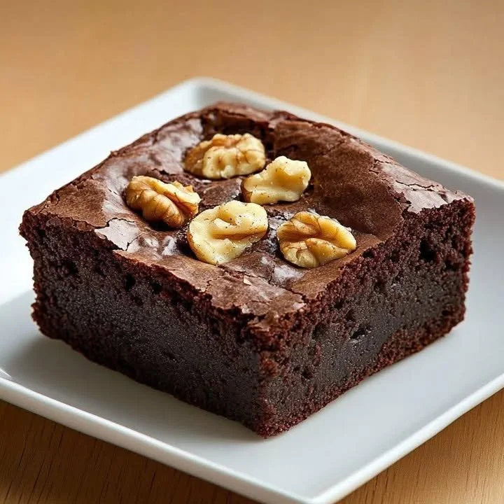 Delicious dark chocolate brownie with nuts on a plate