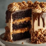 A slice of decadent chocolate caramel cake topped with rich caramel drizzle.