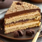 Decadent chocolate hazelnut layer cake with rich frosting and hazelnut garnish