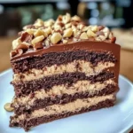 Delicious slice of decadent chocolate peanut butter cake with creamy frosting.