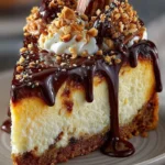 Decadent chocolate peanut cheesecake topped with chocolate drizzle and crushed peanuts.