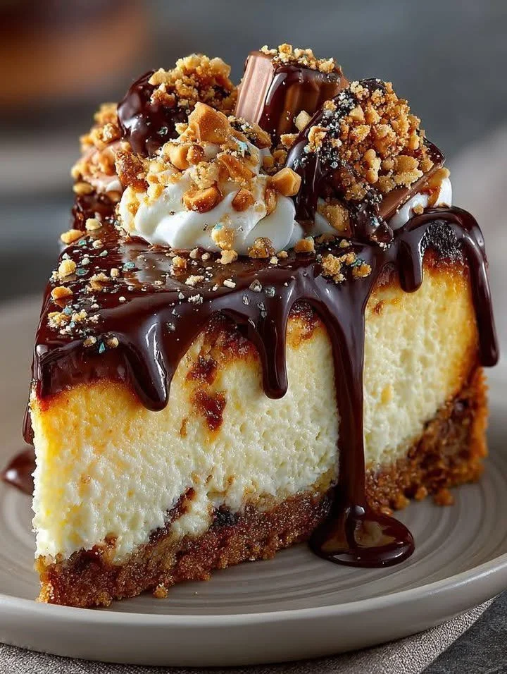 Decadent chocolate peanut cheesecake topped with chocolate drizzle and crushed peanuts.