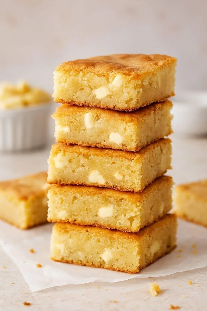 Delicious vanilla brownies topped with creamy white chocolate.