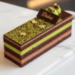 Delicious Chocolate Pistachio Opera Cake from Dubai, showcasing layers of chocolate and pistachio flavors.