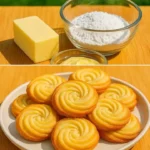 Baked eggless butter cookies on a cooling rack, golden and delicious.