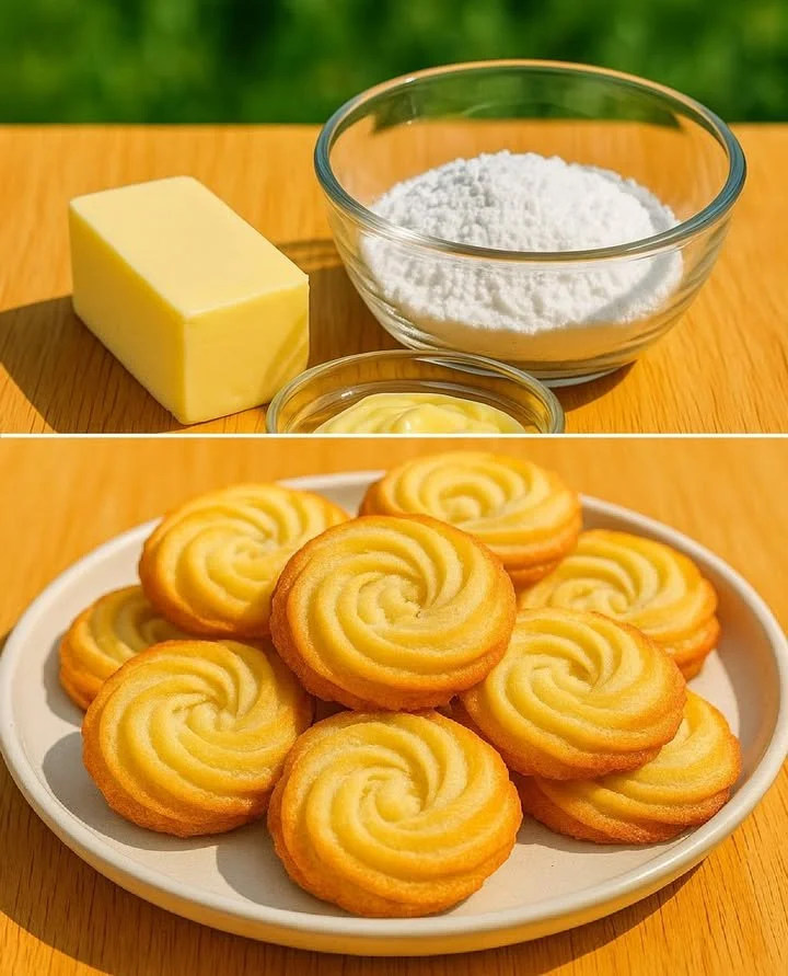 Baked eggless butter cookies on a cooling rack, golden and delicious.