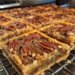 Delicious easy pecan pie bars topped with pecans and caramel