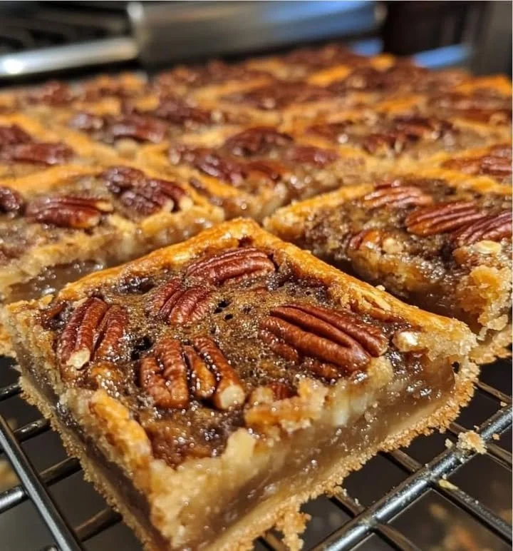 Delicious easy pecan pie bars topped with pecans and caramel