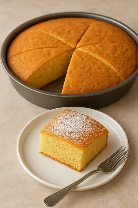 Slice of easy vanilla butter cake on a plate, showcasing its moist texture and buttery flavor.