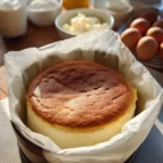 Fluffy Japanese cheesecake topped with fresh fruit on a plate