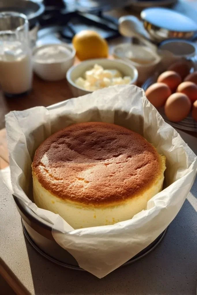 Fluffy Japanese cheesecake topped with fresh fruit on a plate