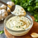 Creamy garlic aioli served in a bowl with fresh garlic cloves