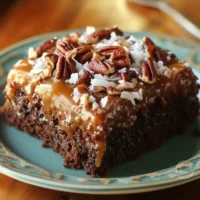 Slice of German Chocolate Poke Cake topped with coconut and pecan frosting