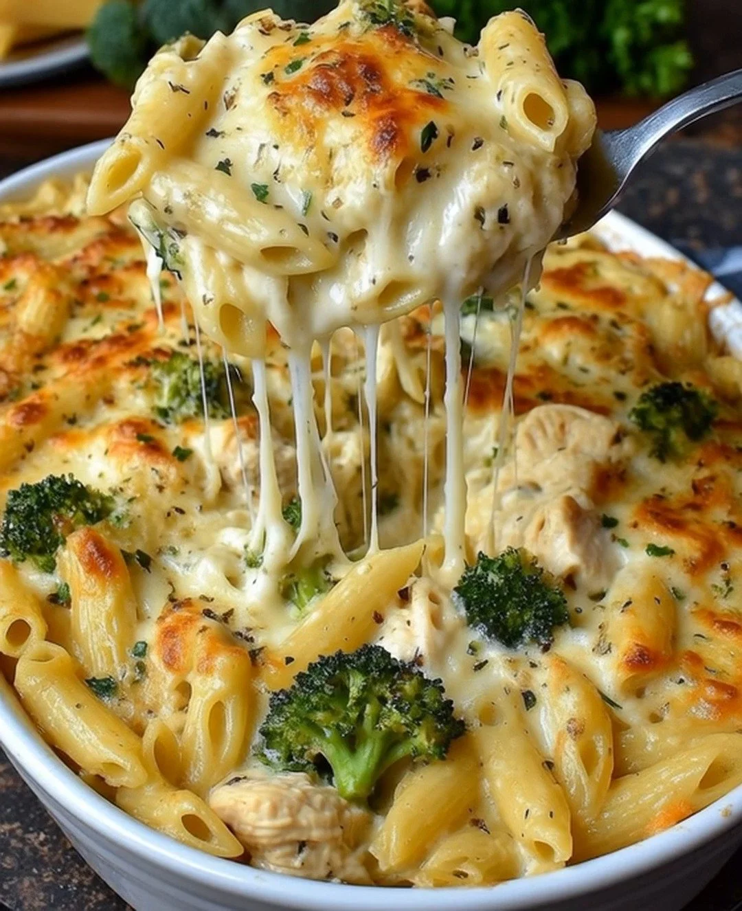 A delicious serving of Grandma's casserole topped with cheese and herbs