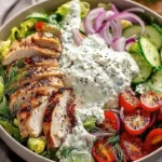 Delicious Greek Chicken Salad Bowl with colorful vegetables and grilled chicken
