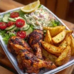 Grilled chicken drumsticks served with crispy potato wedges and a fresh salad